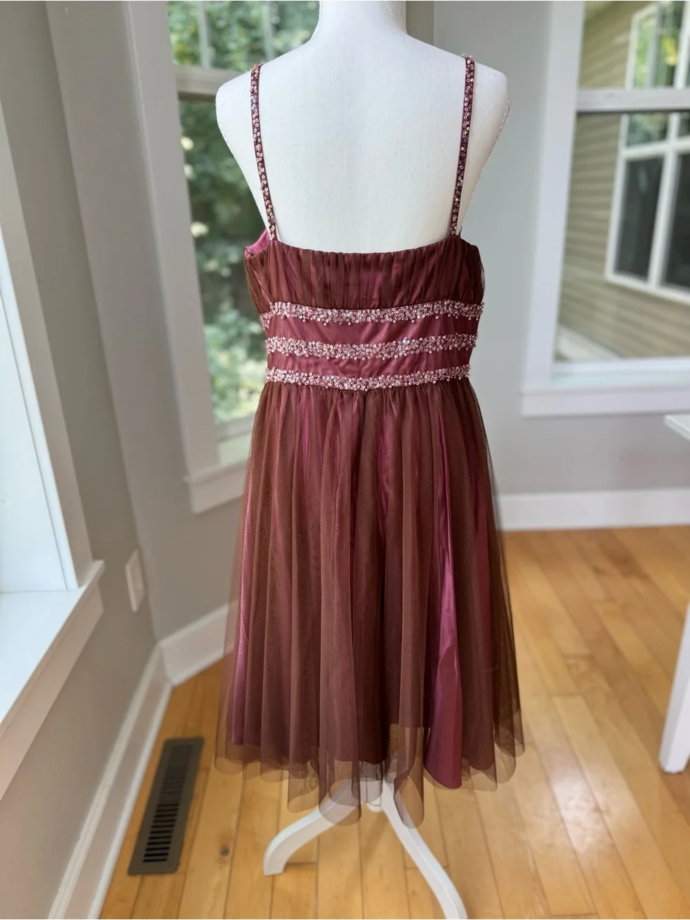 Vintage 90s JS Boutique Pink Brown Beaded Pearls Tulle Midi Dress Sz 14